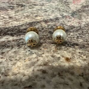 Authentic Tory Burch Gold Logo and White Pearl Stud Earrings
